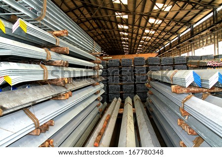 Steel angles bunch on the rack in warehouse