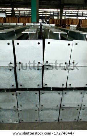 Steel beam bunch in warehouse before shipment