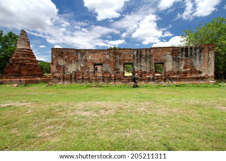 AYUTTHAYA-THAILAND-MAY 13 : Ruins of the monastery, ruins of the old walls & Buddha statue in The old temple on May 13, 2014, Ayutthaya Province, Thailand