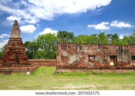 AYUTTHAYA-THAILAND- MAY 13 : Ruins of the monastery, ruins of the old pagoda & area in The old temple on May 13, 2014, Ayutthaya Province, Thailand