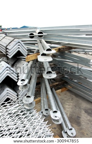 Hot-dip galvanized steel pipes bunch on the rack in warehouse before shipment