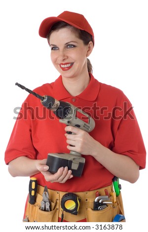 The fine girl in a red shirt with tools and an electro-drill