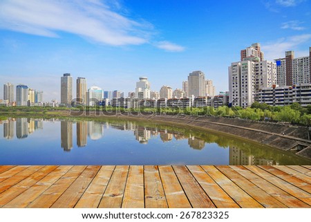 city building with river at mianyang,china