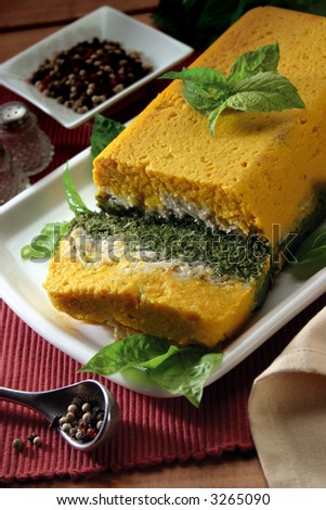 pumpkin and spinach pudding recipe, on table