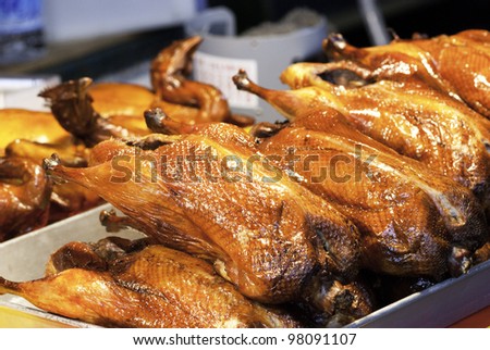 The roast ducks in market. It is traditional food at China and Taiwan