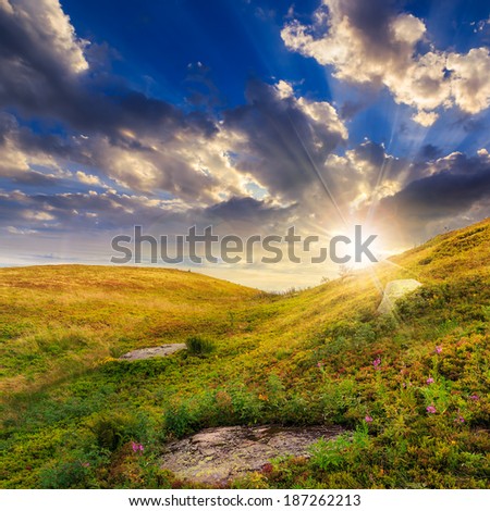 mountain landscape. valley with stones on the hillside. forest on the mountain. at sunset