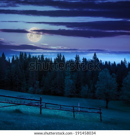 autumn landscape. fence on the hillside meadow near forest in mountain at night in moon light