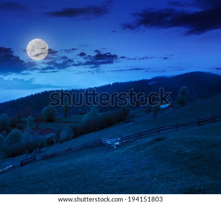 summer landscape. fence near the meadow in village hillside. forest in fog on the mountain at night in moon light