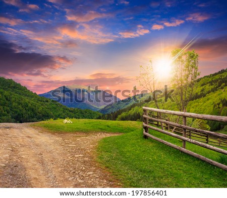 unreal summer landscape. fence near the meadow crossroad path on the hillside composite with forest on the mountain at sunset  in light flare