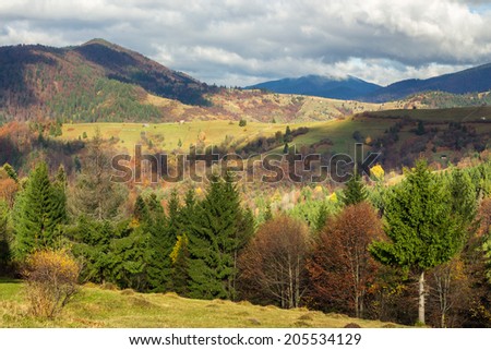 autumn landscape. village on the hillside. forest on the mountain light fall on clearing on mountains