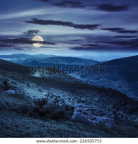 mountain landscape. valley with stones on the hillside. forest on the mountain under the beam of light at the top of the hill at night in full moon light