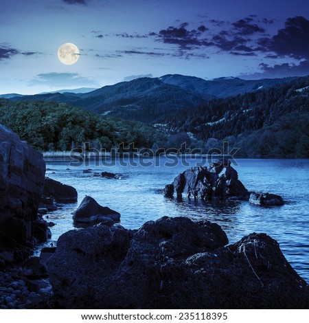 view on lake with rocky shore and some boulders near forest on mountain  with high vista far away at night in full moon light