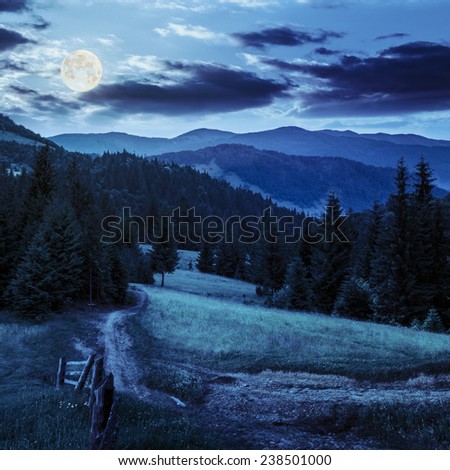 collage landscape. fence near the meadow path on the hillside. forest in fog on the mountain at night in full moon light