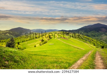 collage landscape. fence near the meadow path on the hillside. village near forest in mountains