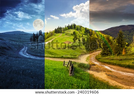 day and night composite autumn landscape. fence near the cross road on hillside meadow in mountains. few fir trees of forest  on both sides of the road
