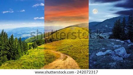 day and night collage of composite mountain landscape. pine trees and boulders near meadow path on hillside