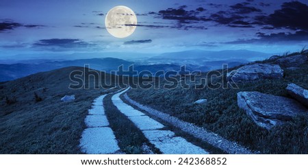 composite panorama Landscape with road on a hillside with huge stones and conifer trees  near mountain peak at night in full moon light