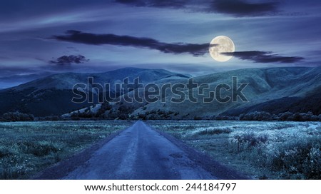composite landscape with abandoned asphalt road rolls through meadows with flowers going to high  mountains at night in full moon light