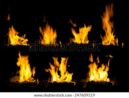 collage of powerful high flame burning wood on black background in stoves