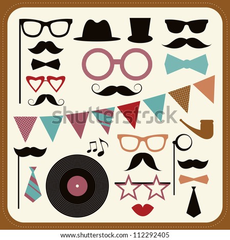 Set of retro party elements Mustaches hats and sunglasses Set of retro party elements Mustaches hats and sunglasses
