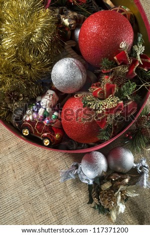 Christmas ornaments Composition with a box full of Christmas ornaments for the Christmas tree decoration