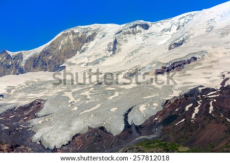 Giant glacier flowed down the slope of Mount Elbrus. Russia and the North Caucasus.