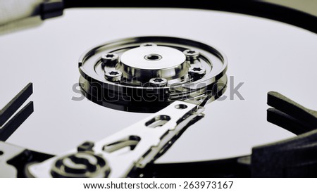 Close up of open computer hard disk drive (HDD)