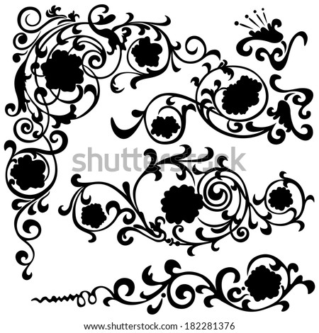 Set floral swirling pattern, silhouette black design ornament flower motifs