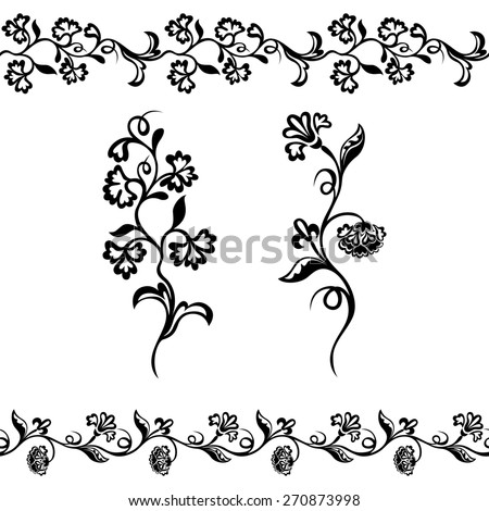 floral border pattern, silhouette design element plant ornament black