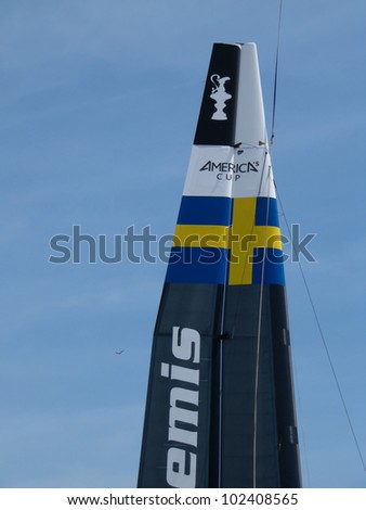 VENICE, ITALY - MAY 11: Artemis Racing Team catamaran in the box area waiting for a new test in the Venice lagoon during the America's Cup first races days in May 11, 2012 in Venice, Italy.