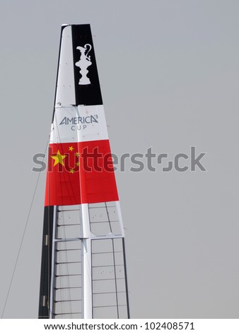 VENICE, ITALY - MAY 10: China Team catamaran in the box area waiting for a new test in the Venice lagoon during the America's Cup first races days in May 10, 2012 in Venice, Italy.