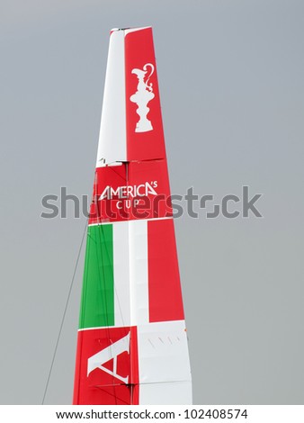 VENICE, ITALY - MAY 10: Luna Rossa Team catamaran (Piranha) in the box area waiting for a new test in the Venice lagoon during the America's Cup first races days in May 10, 2012 in Venice, Italy.