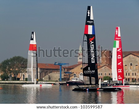 VENICE, ITALY - MAY 11: Luna Rossa AC45 (Piranha) in the team bases area waiting for a new test in the Venice lagoon during the America\'s Cup previous races days in May 11, 2012 in Venice, Italy.