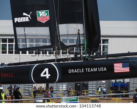 VENICE, ITALY - MAY 18: Team Korea AC45 catamaran in the team bases area is going to be moved in the sea for tests during the America\'s Cup first races days in May 18, 2012 in Venice, Italy.