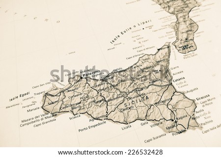 Sicily map  (Geographical view altered on colors/perspective and focus on the edge. Names can be partial or incomplete)