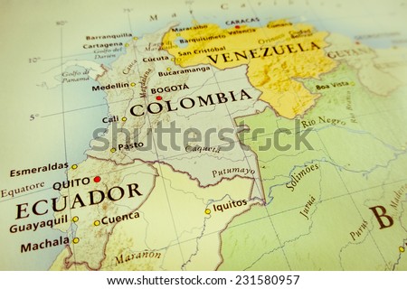 South America map (Geographical view altered on colors/perspective and focus on the edge. Names can be partial or incomplete)