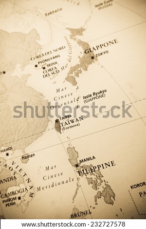 japan map (Geographical view altered on colors/perspective and focus on the edge. Names can be partial or incomplete)