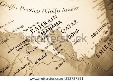 Bahrain map (Geographical view altered on colors/perspective and focus on the edge. Names can be partial or incomplete)