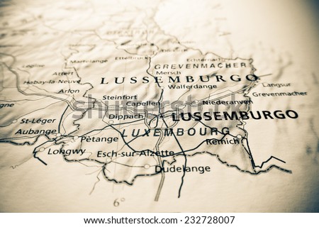 Luxembourg map (Geographical view altered on colors/perspective and focus on the edge. Names can be partial or incomplete)