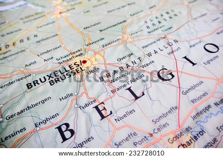 Bruxelles map (Geographical view altered on colors/perspective and focus on the edge. Names can be partial or incomplete)
