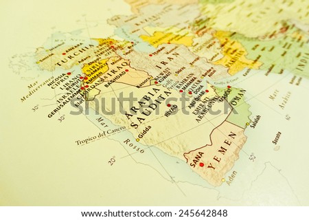 Middle East geographical view (Geographical view altered on colors/perspective and focus on the edge. Names can be partial or incomplete)