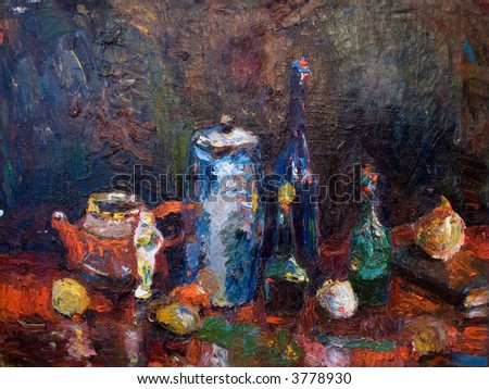 Still life with bottles. Canvas, oil paint, hand-drawn.