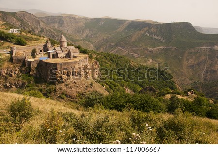 The Monastery of Tatev is a 9th century Armenian monastery located on a large basalt plateau near the Tatev village in Syunik Province.