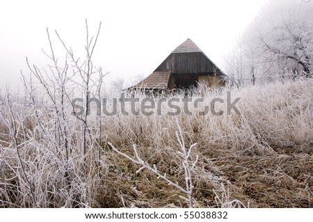 Wooden cottage and frozen grass blades on the countryside in winter time