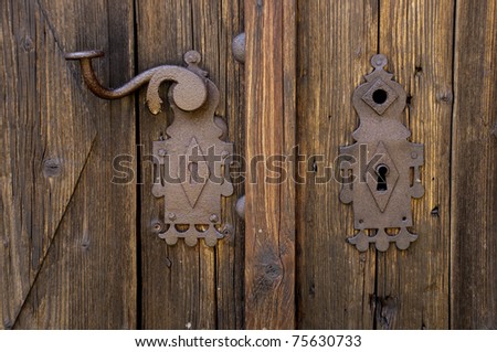Rusty escutcheon plate on old wooden door
