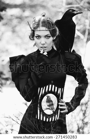 Dark princess with raven black and white portrait