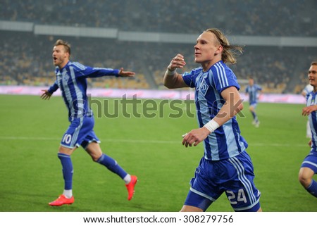 KYIV, UKRAINE - MAY17, 2015: Domagoy Vida of Dynamo Kyiv after goal scored during the game with FC Dnipro at NSC Olimpiyskiy stadium on May 17, 2015 in Kyiv, Ukraine.
