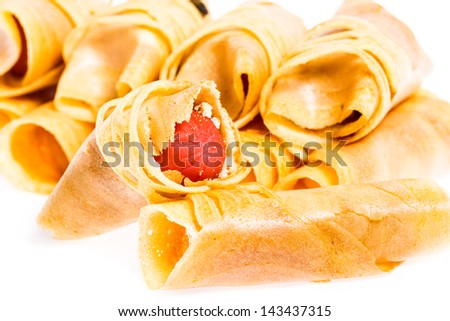 Close up rolled of Tokyo Pancake Sausage on white background