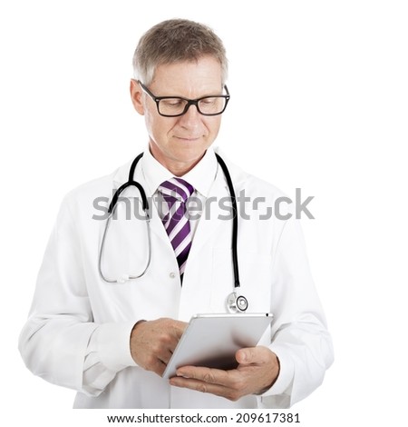 Doctor checking patient notes on a tablet-pc standing with his stethoscope around his neck reading the information on the screen isolated on white Doctor checking patient notes on a tablet-pc standing with his stethoscope around his neck reading the information on the screen isolated on white