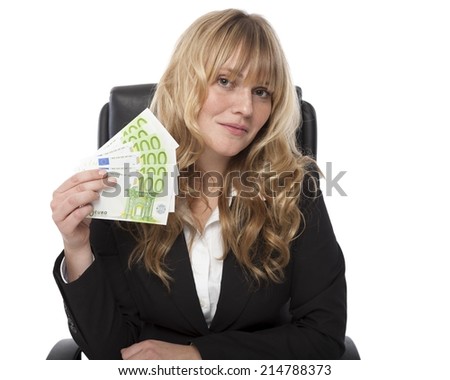 Sitting Woman in Business Attire Holding Money, Isolated on White Background